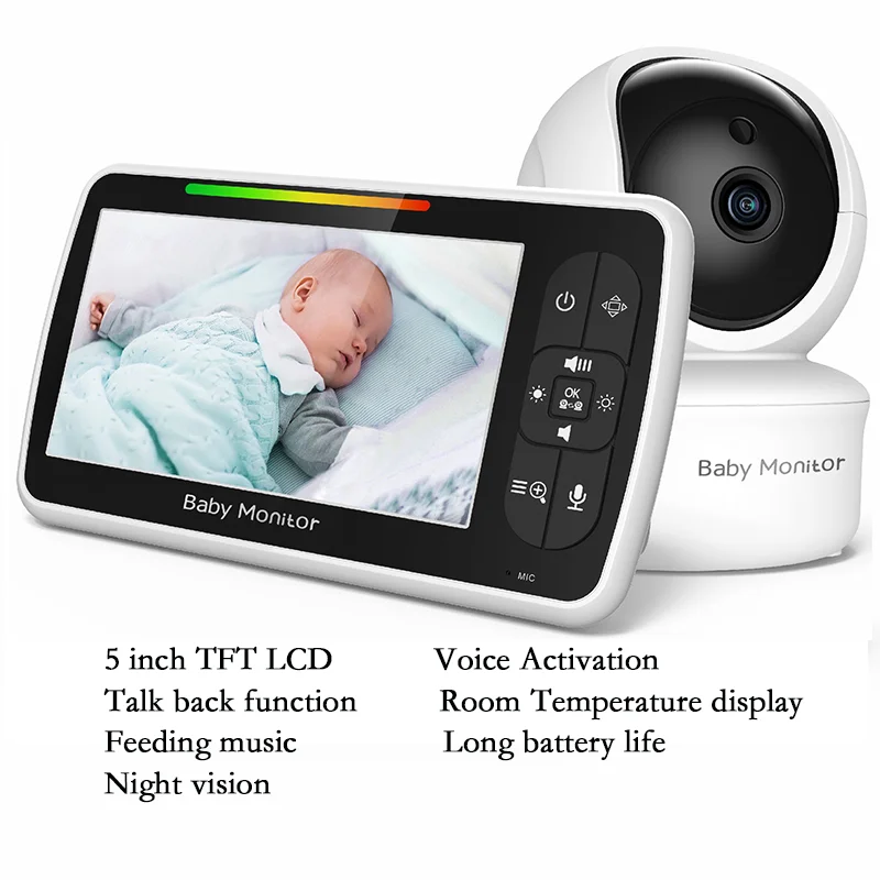 

5'' Baby Monitor IR Night Vision Video Baby Camera Temperature Monitor Intercom Walkie Talkie Babysitter Surveillance Security