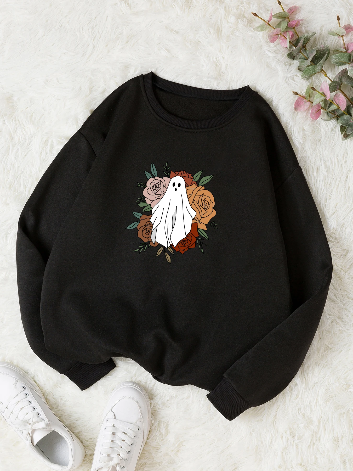 Ghost flower print Halloween Sweatshirt Gothic retro casual fashion harajuku street style unisex Fleece Sweatshirt