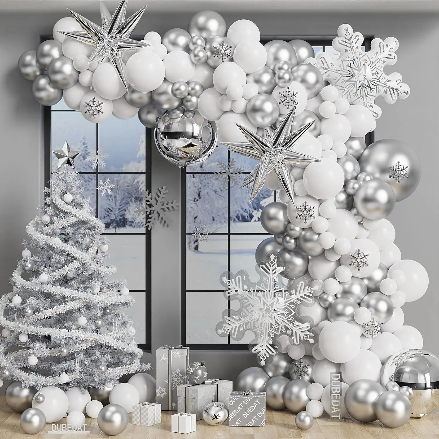 White Snowflake Balloon Garland Arch kit-Snowflake Balloon with Silver White Latex Balloons set for Winter Wonderland Holiday Christmas Baby Shower Snow Princess Birthday Party Decorations