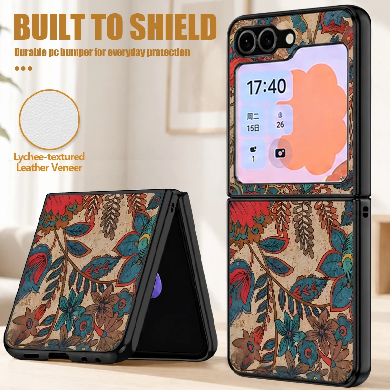 Retro Flower Pattern PU Leather Phone Case For Samsung Galaxy Z Flip8 Flip7 FE Flip 8 7 6 5 4 3 5G Shockproof Folding Hard Cover