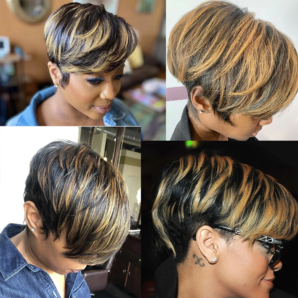 شعر مستعار قصير أشقر أسود اللون، شعر مستعار بشري مفرود بطبقات مع غرة مقطوعة مسبقًا للنساء مصنوع آليًا بالكامل