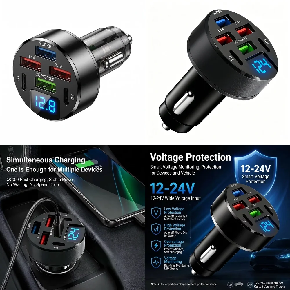6 Port Car USB Charger 100W Multi Port with LED Digital Voltage Display QC3.0 PD Fast Charge Adapter for iPhone Samsung Tablet