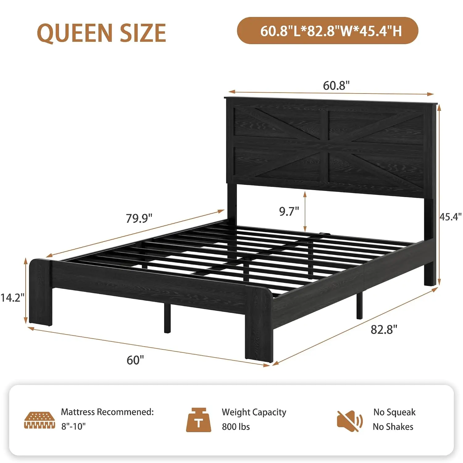 Rustic Queen Bed Frame Barn Door Headboard Wooden Platform Metal Slat Support Easy Assembly Noise-Free No Box Spring, Customized