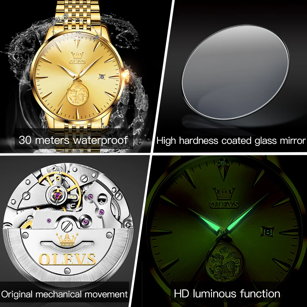 OLEVS 6665 Original Mechanical Watch Men Gold Pixiu Design Stainless Steel Waterproof Auto Date Clock Luxury Men's Wrist Watch