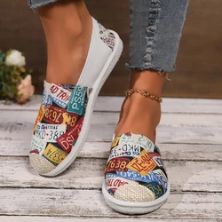 2024 Summer Ladies Casual Comfort Bohemian Slip on Lazy Shoes Female Womens Flat Slip on Canvas Strap Loafers Straw Espadrilles