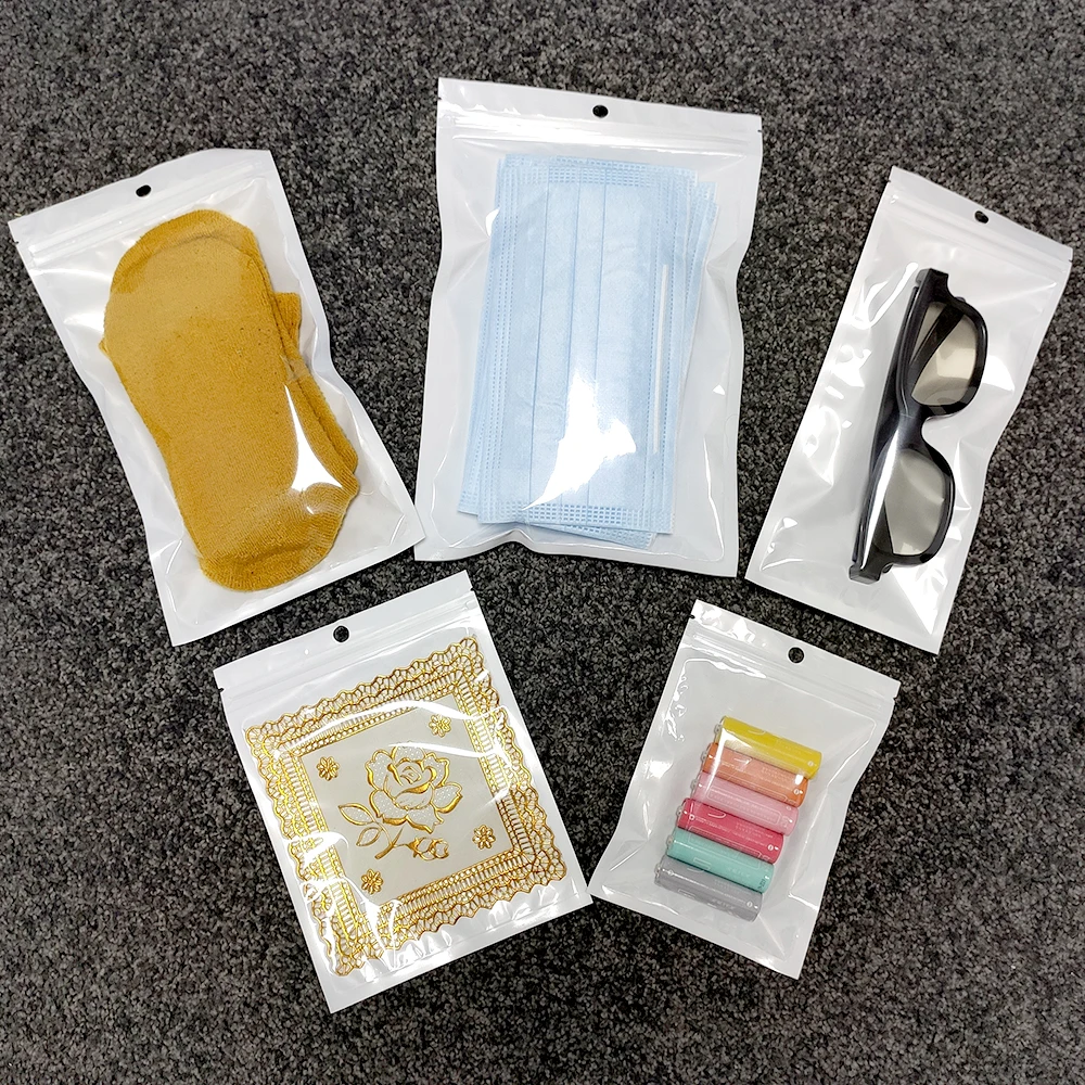 

White Pearl Zipper Bag Pearlescent Film Material Package Translucent Headphone Retail Ziplock Bag With Hanging Hole