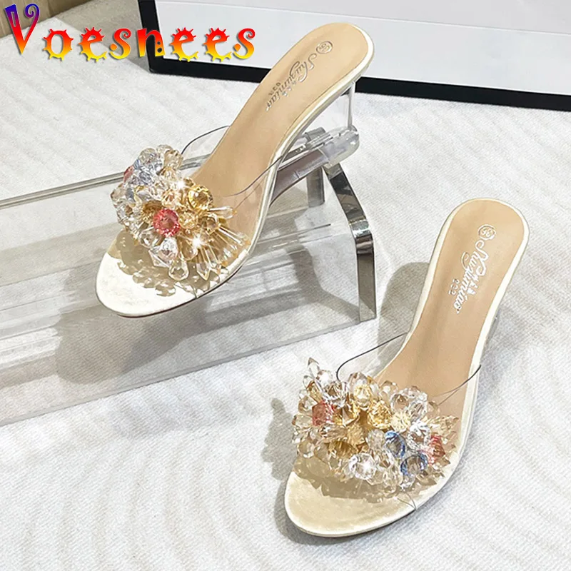 2022 New Summer Color Bead Flower Shoes Everyday Women Transparent Wedge Heeled Slippers Fashion Elegant Jelly Sandals Size 43