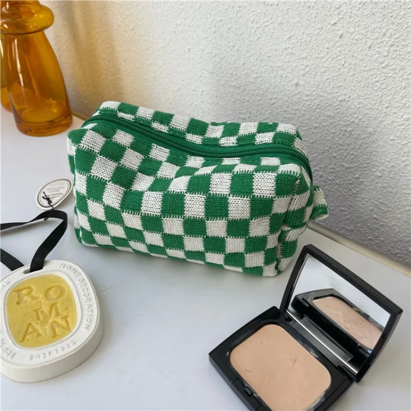 Ins Checkerboard Knitted Pencil Case large Capacity Pen Bag Zipper Stationary Organzier Makeup Storage Stationary