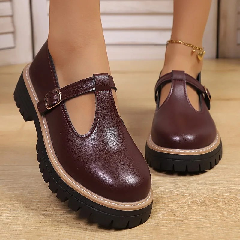 

2025 New Round Toe Platform Mary Jane Shoes Women Fashion Style Thick Bottom Leather Shoes Woman Comfort T Strap Loafers