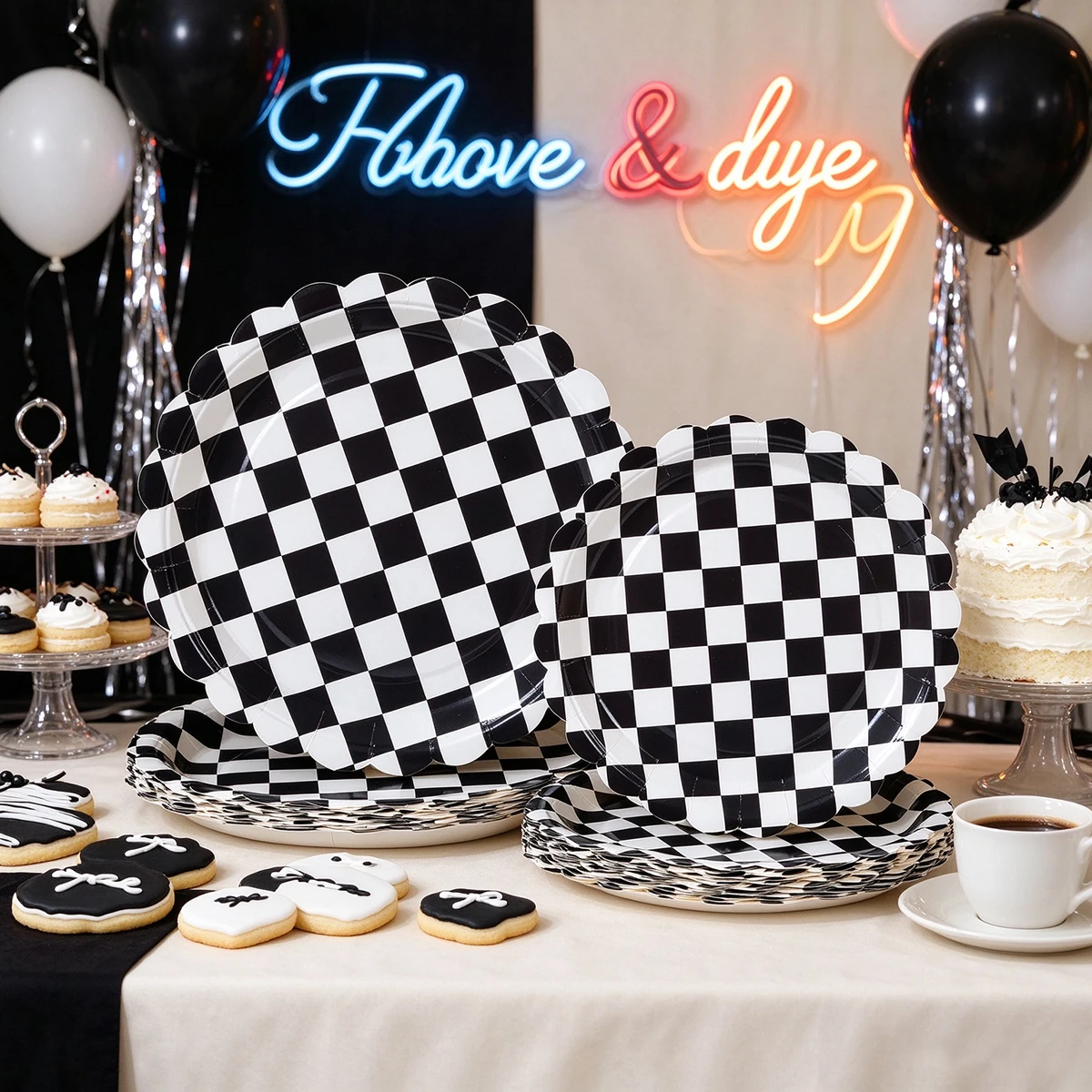 Event Party - 10/25/50pcs Black White Checkerboard Disposable Paper