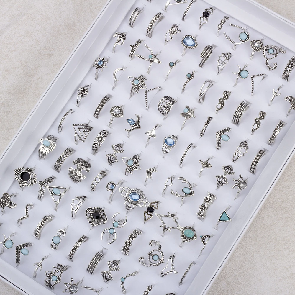 50 قطعة/الوحدة بوهيميا خمر فضي خواتم للنساء الرجال مزيج حجم تاج الفيل فراشة البنصر حزب مجوهرات هدية بالجملة