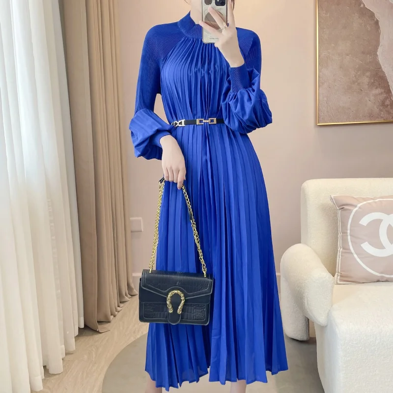 Pleated Temperament Small Turtleneck Solid Color Goddess Long Sleeve Dress Versatile Younger Fashion