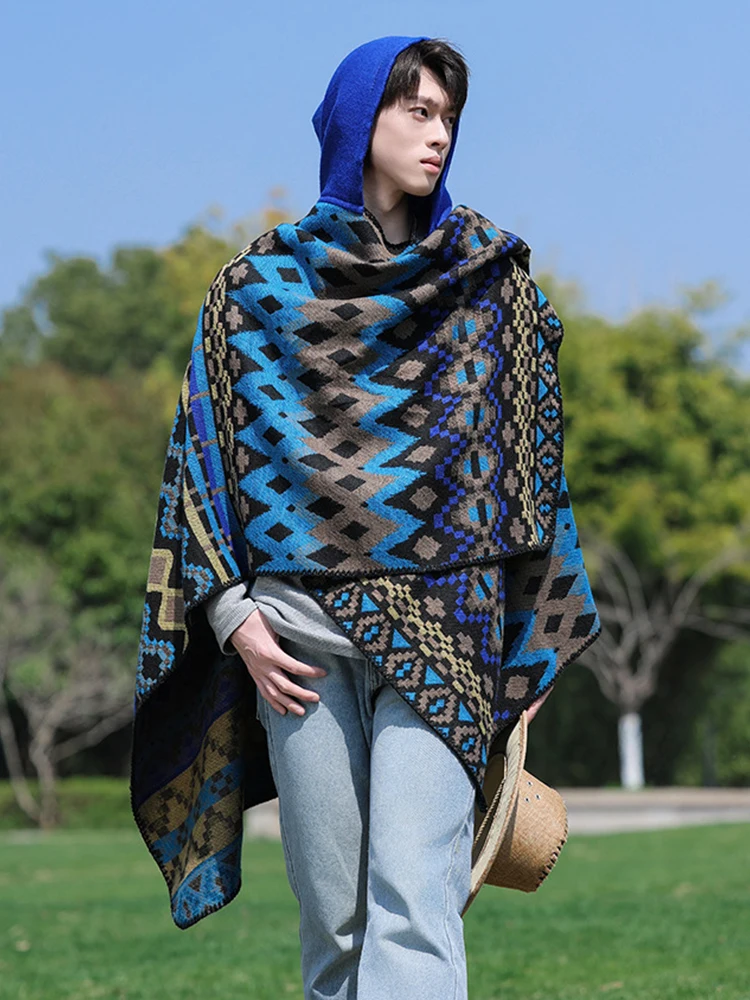 

Зимний женский и мужской шарф-пончо с капюшоном, винтажный клетчатый платок в стиле бохо, накидка-шаль, пашмина, унисекс, новинка