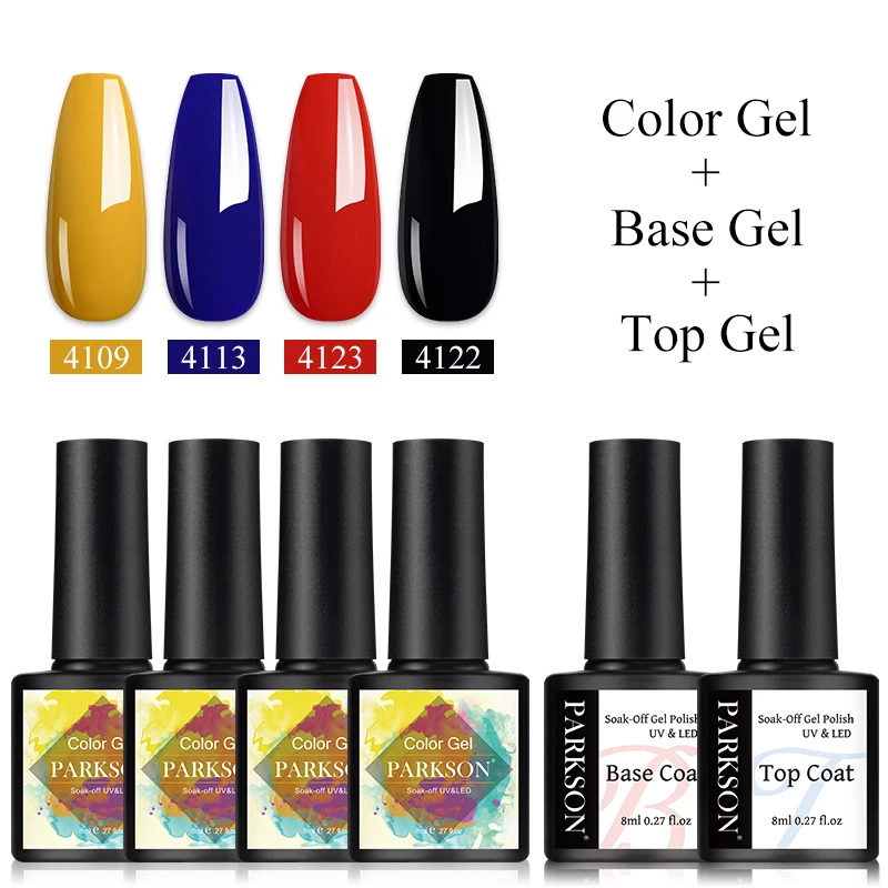 Parkson 6-teiliges Gel-Nagellack-Set, 8 ml, semi-permanent, UV-LED-Lack, Nagelset, Basislack und Decklack, Nagelkunst-Maniküre