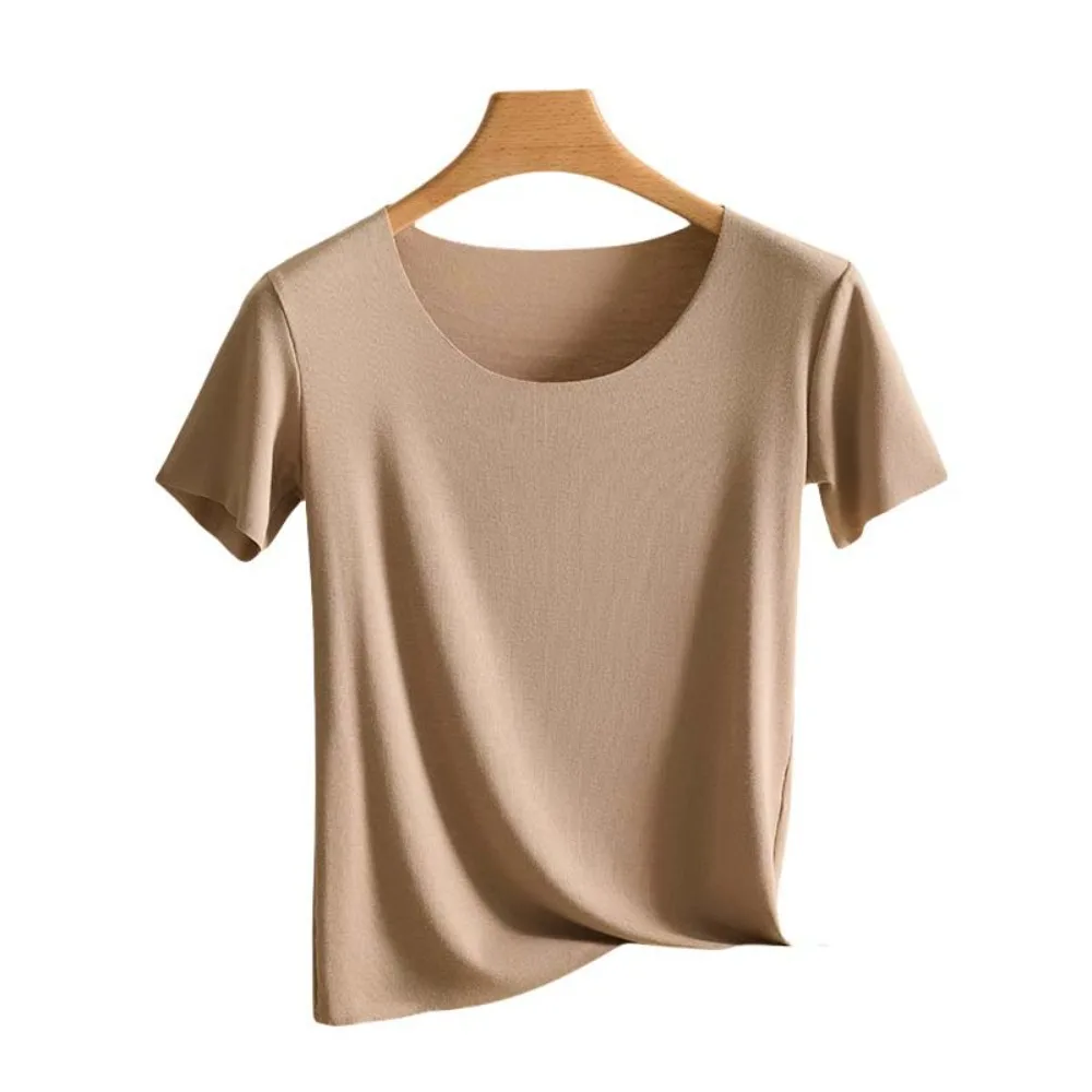 

U Round Neck Women Thin T-shirts Solid Color Short Sleeved Female Crop Tops Streetwear Korean Style Base Shirt Ladies