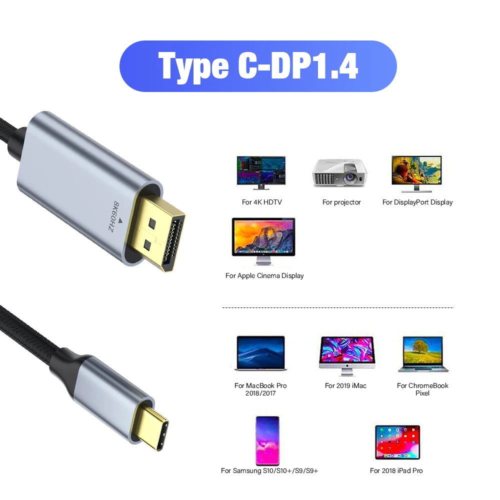 8K 60HZ Type C To HDMI Display Port Cable For TV Box Stick Mobile Phone DP 1.4 Display Port Adapter 1M 2M Video Cord