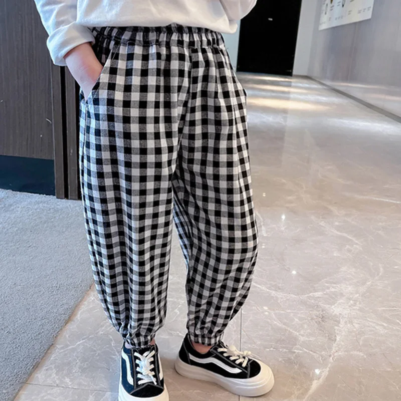 

Girls' Small Plaid Printing Pants Children's Clothing for Fashion Elastic High Waist Patchwork Pockets Tie One's Feet Trousers