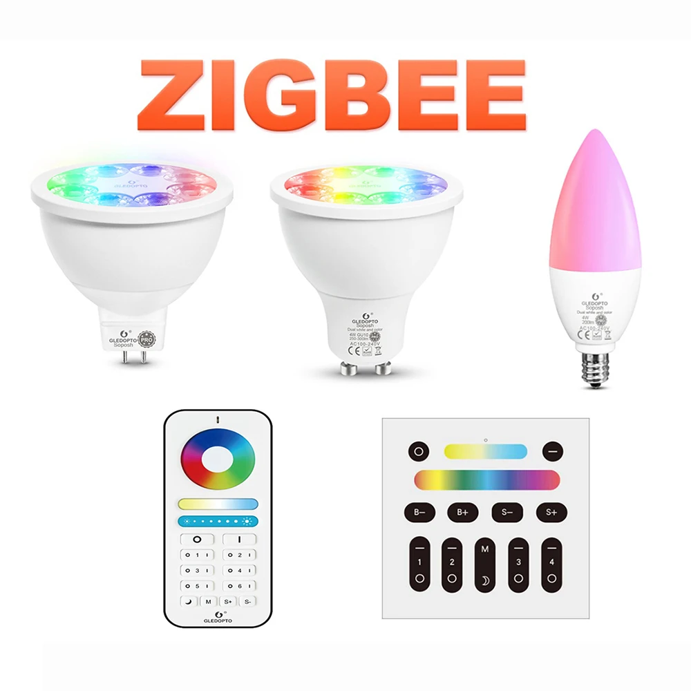 GLEDOPTO Zigbee 3.0 Pro 4W 5W RGB+CCT LED Smart Bulb MR16 GU10 E14 Led Lamp Compatible Echo Alexa APP/Voice/RF Remote