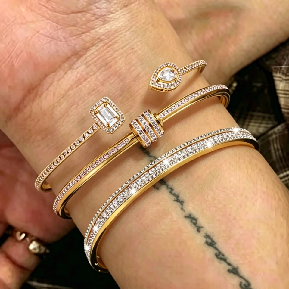 Yupsk 3pcs/set Shining White Pink Zircon Stainless Steel Stackable Bracelets Geometric Crystal CZ Waterproof Jewelry