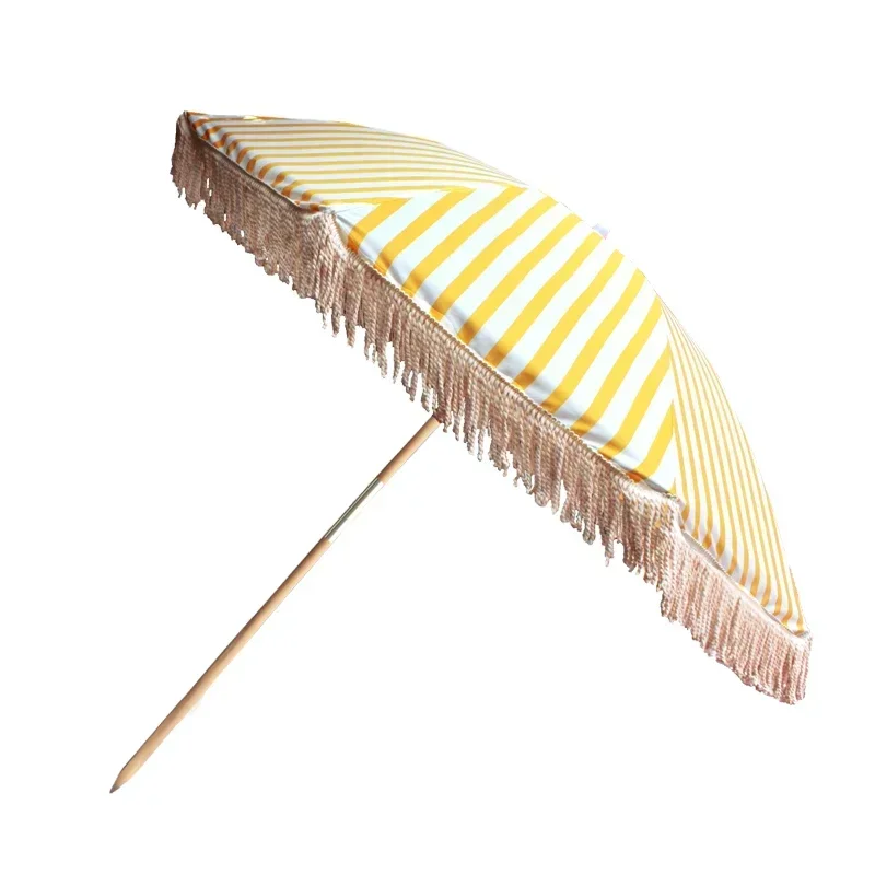 Super Cool Wooden Pole Parasols Tassels Patio Outdoor Decorative Custom Printing Beach Umbrella With Tassels Bali Umbrellas