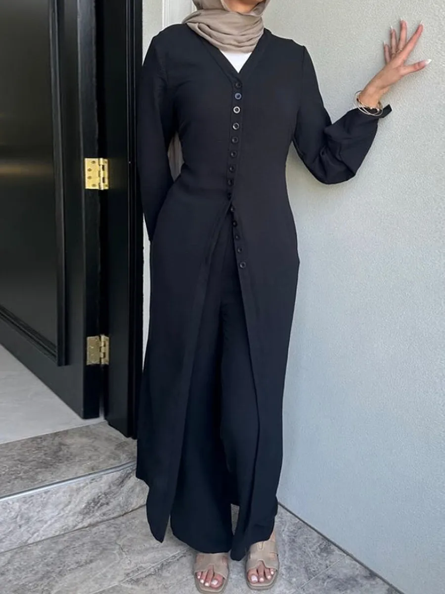 عبايات إسلامية دبي تركية للنساء بلون سادة فساتين طويلة بإبزيم مكون من قطعتين طقم ملابس نسائية متواضعة لرمضان