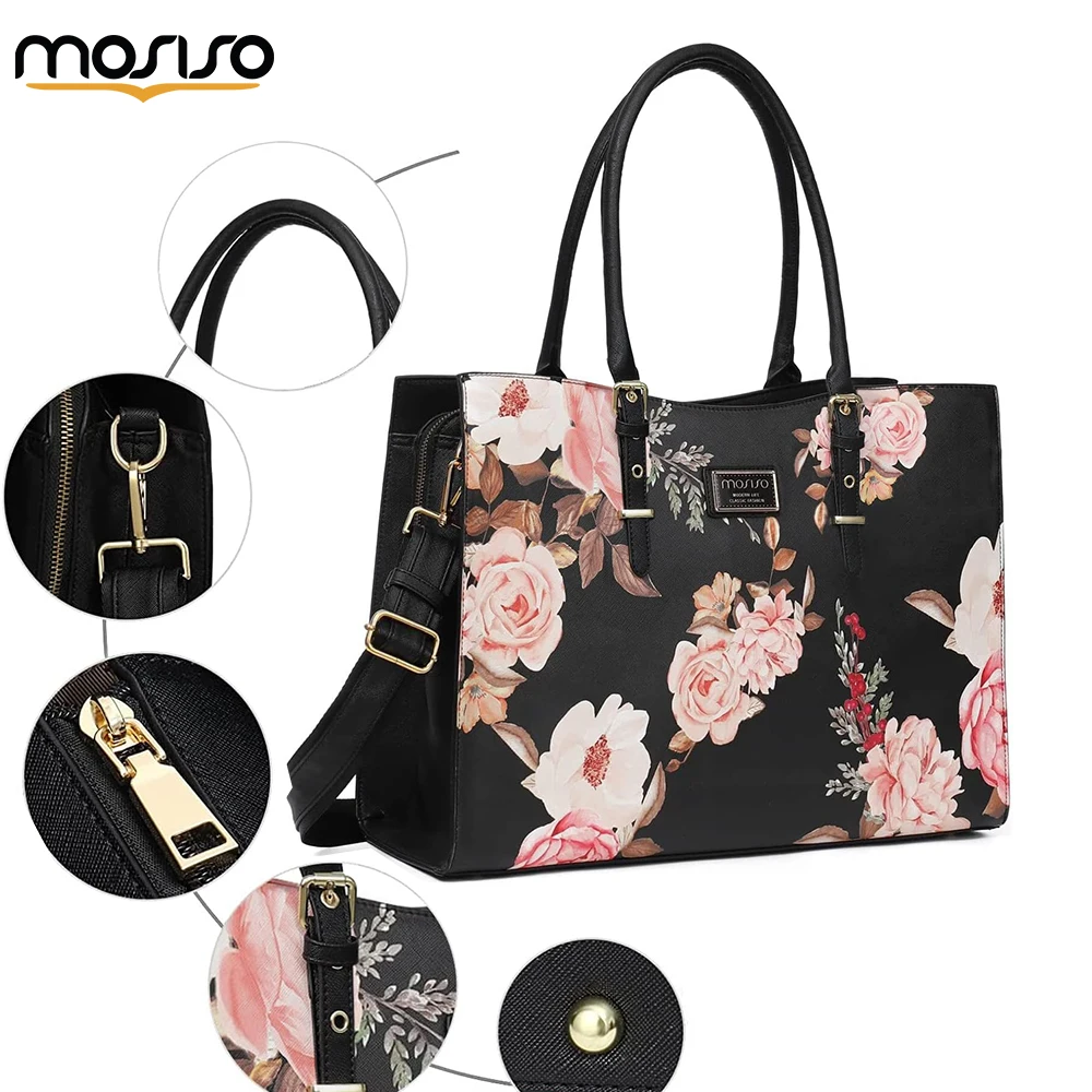 

MOSISO Laptop Tote Bag for MacBook Air 15 inch Pro 16 Peony Waterproof PU Leather Travel Work Briefcase with Adjustable Handle