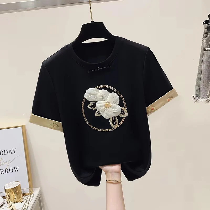 Flower embroidery Fashion Plant Trend Style Short Sleeve Women Graphic Tee Summer T Clothing Female Clothes Casual T-shirts chic