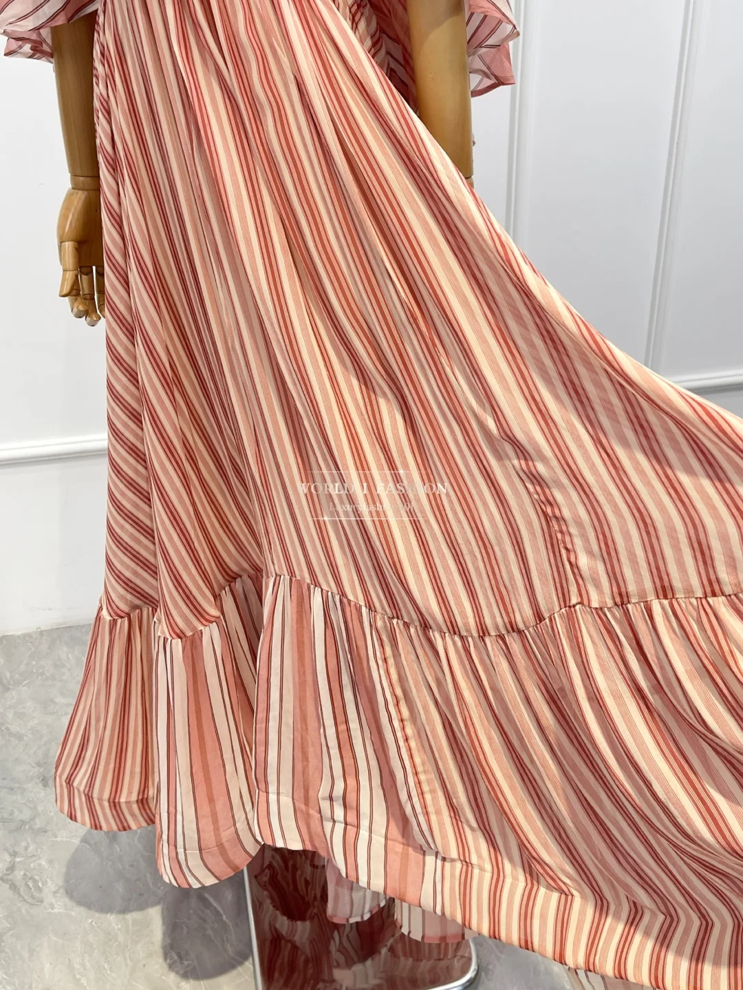 2025 elegante vermelho listrado impressão manga longa babados cintura oco ombros com corte capa estilo sobreposição sereia maxi vestido