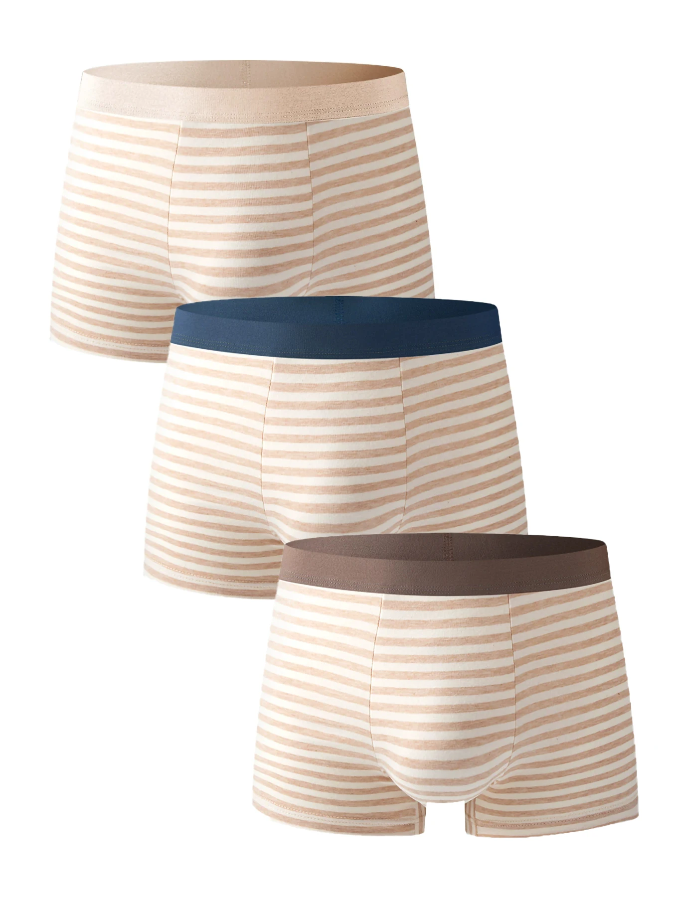 3-Piece Men's Cotton Mid-Waist Boxer Briefs Set - Beige Striped Pattern Underwear (Multi-Color Waistbands)