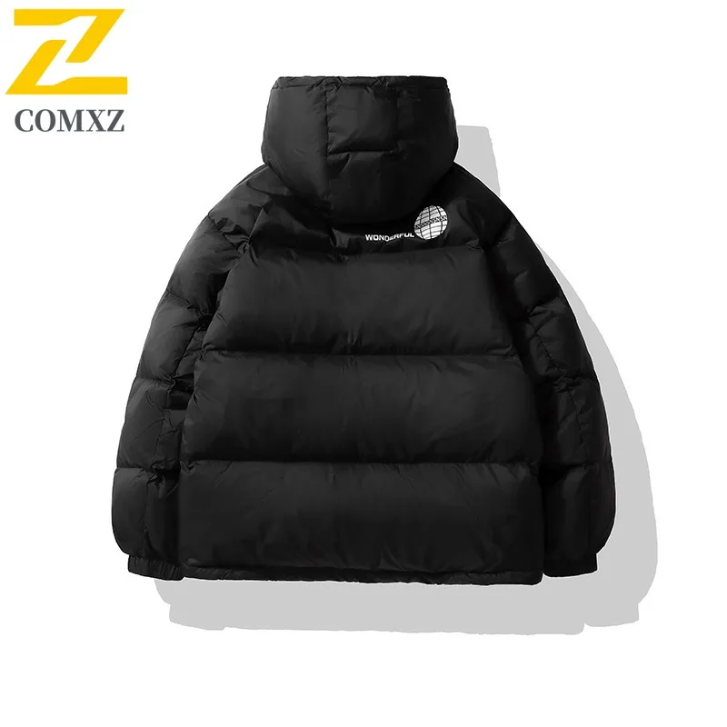 COMXZ Men Cotton Padded Jacket 2025 Coldproof Hooded Travel Snow Loose Lightweight Ski Padding Coat Trendy Street Winter Jackets