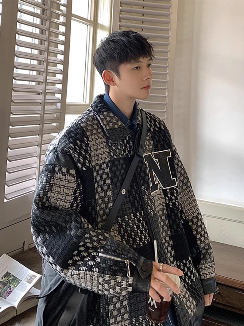 

Spring Autumn PU Leather Jaet Men's Oversize Trendy Workwear Plaid American Retro Coat Youth ular Loose Fit Outerwear