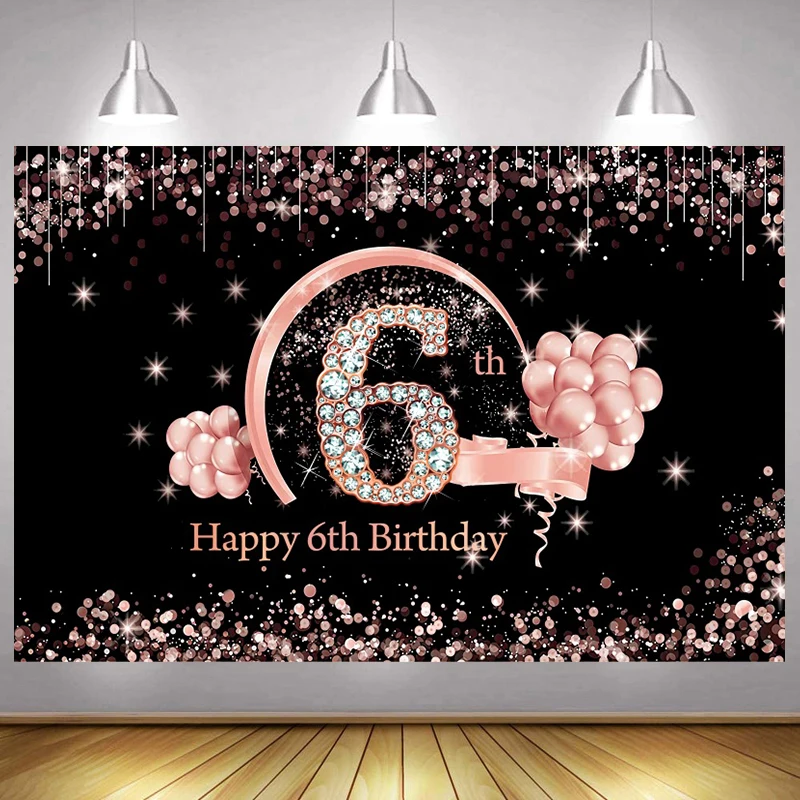 Happy 6th Birthday Backdrop for Baby Girls 6 Years Party Black and Pink Balloons Decorations Photography Background Banner Props