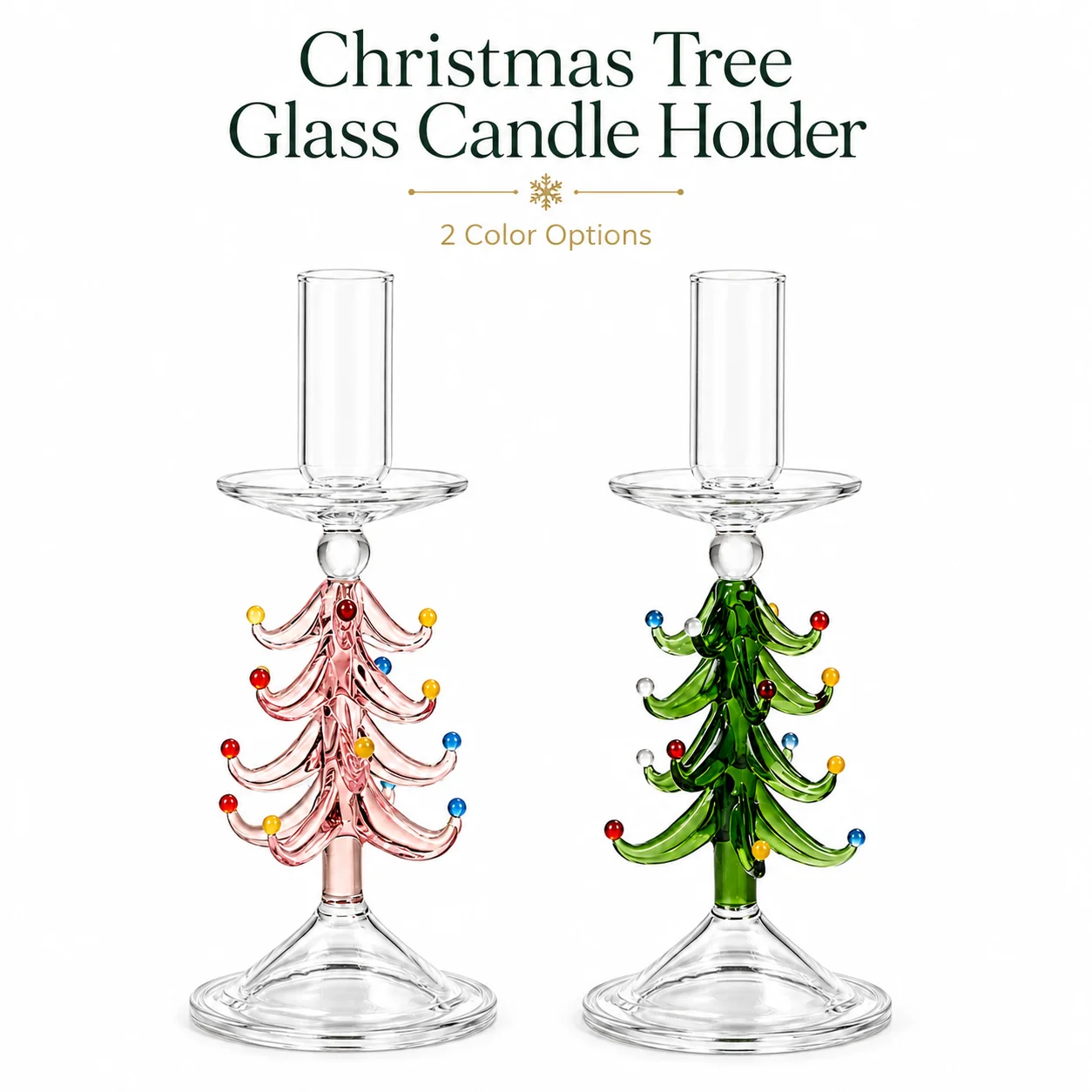 Christmas Tree Glass Candle Holder for Taper Candles, Pink Green Holiday Table Centerpiece Home Decor Gift