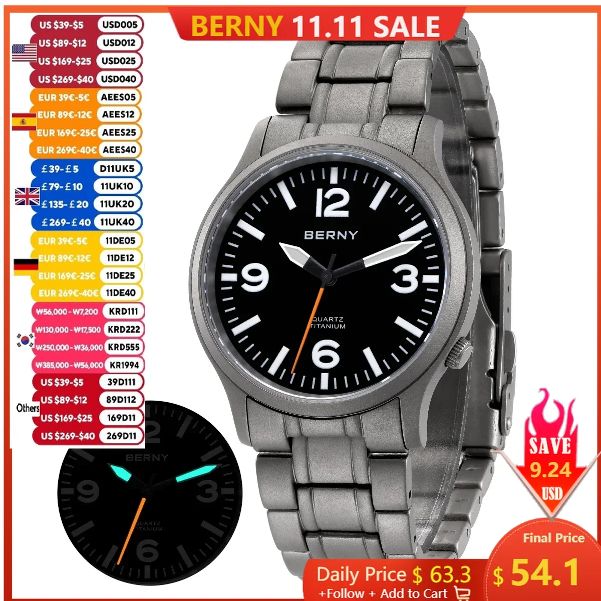 BERNY Men Titanium Watch Quartz Movement Lightweight and Comfortable Watches Titanium Strap Luminous 50M Waterproof Wristwatch