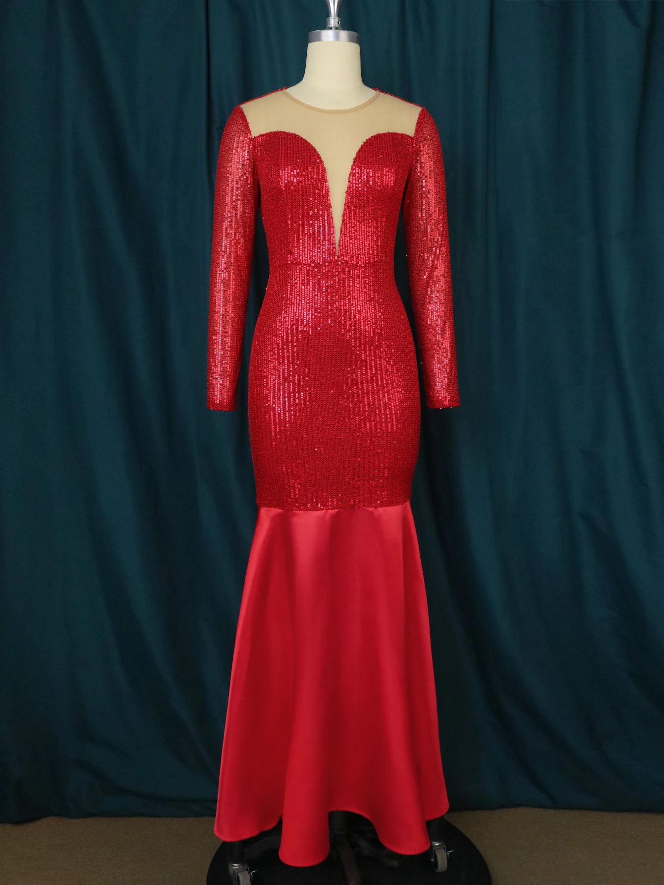 Red Sequins Dresses for Women Plus Size 4XL O Neck See Through Long Sleeve Bodycon Trumpet Ankle Length Evening Party Prom Gowns