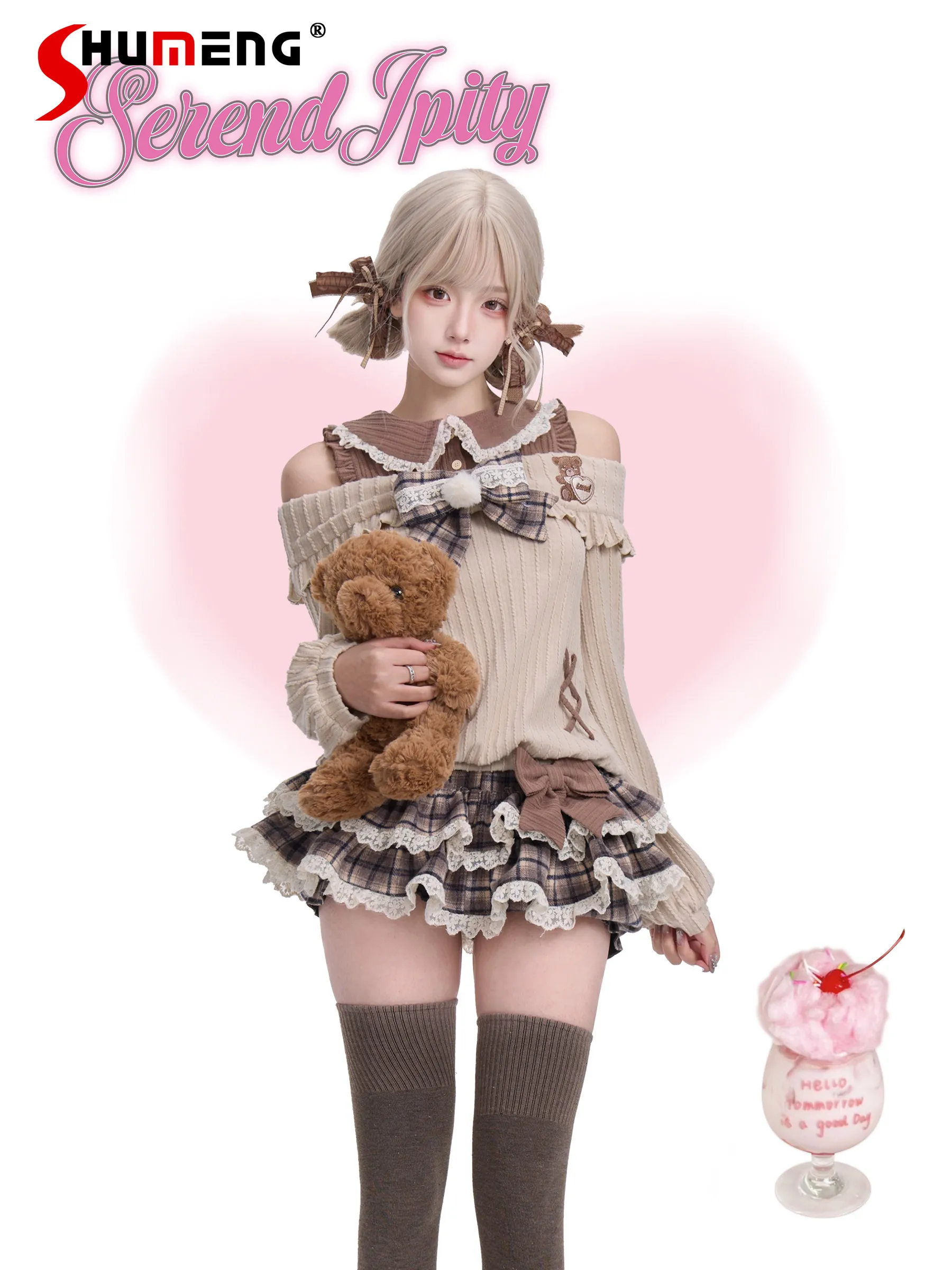 

Japanese Sweet Cute Girl‘s Embroidery Off-Shoulder Long Sleeve Knitted Shirts High Waist Cake Mini Skirt Two-Piece Set for Women
