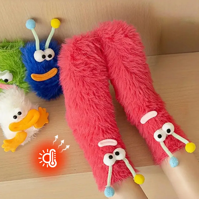Ugly-Cute Fuzzy-Socken aus Plüsch, dick gestrickt, mit mittlerer Crew, rutschfeste Griffe, Bodensocken zum Schlafen, Lounge, warm, gemütlich, rutschfester Griff