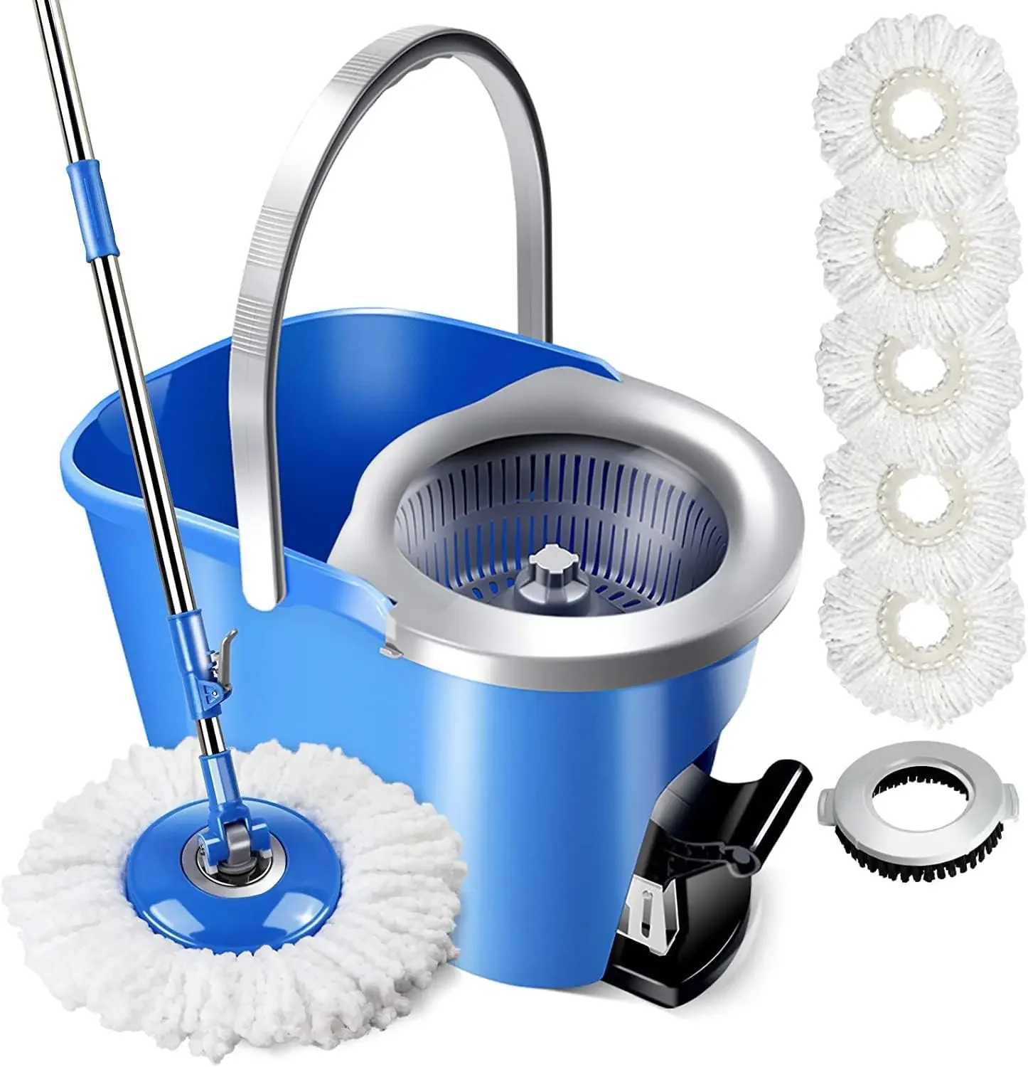 MASTERTOP Spin Mop and Bucket with Wringer Set, Foot Pedal, 360°Rotation, 5 Microfiber Mop Pads, 1 Brush Head, Hardwood Floor