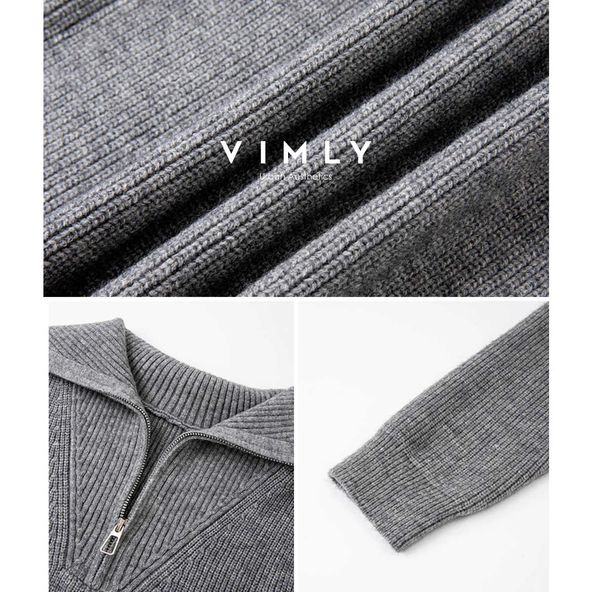 VIMLY ชุดเดรสไหมพรมผู้หญิงสีเทาแบบซิปครึ่งตัว สไตล์ลำลอง สำหรับฤดูใบไม้ร่วง 2025 รุ่นใหม่ ปกเสื้อพับได้ แขนยาว ความยาวปานกลาง ชุดเดรสไหมพรมผู้หญิง รุ่น 75193