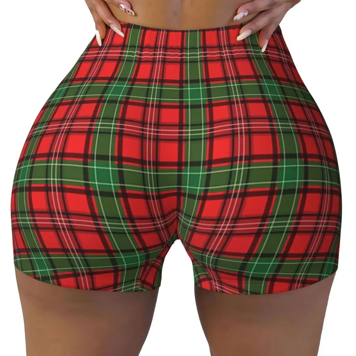 Custom Christmas Plaid Red And Green Tartan Pretty Skirt Or Dress Yoga Shorts Women Gym Workout Running Athletic Biker Shorts