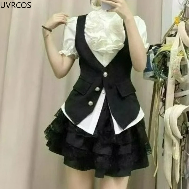 Y2k Aesthetic Lolita Style Sweet 3 Piece Set Women Ruffled Puff Sleeve Shirt + Black Slim Fit Vest + Lace Patchwork Fairy Skirts view 6