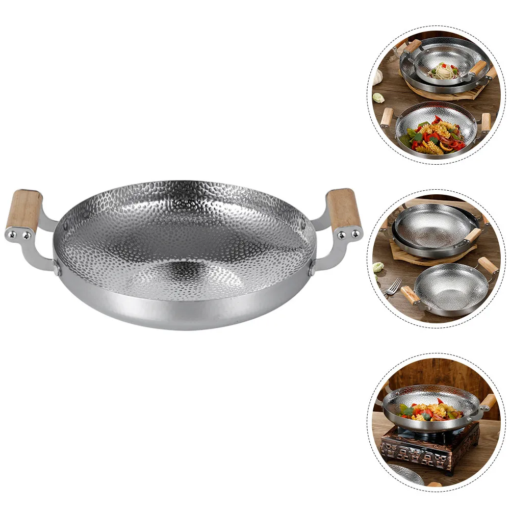 Casserole en acier inoxydable avec poignée en bois, double poignée, surface lisse antiadhésive pour une portion individuelle, idéale pour la cuisine à domicile.