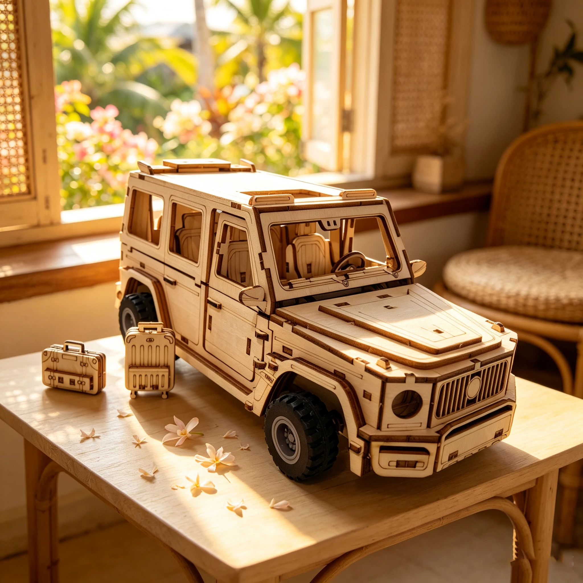 3D Wooden Puzzle Off-road  Model DIY Assembly Wagon Car Wooden Model Kit with Mini Luggage Desktop Ornament