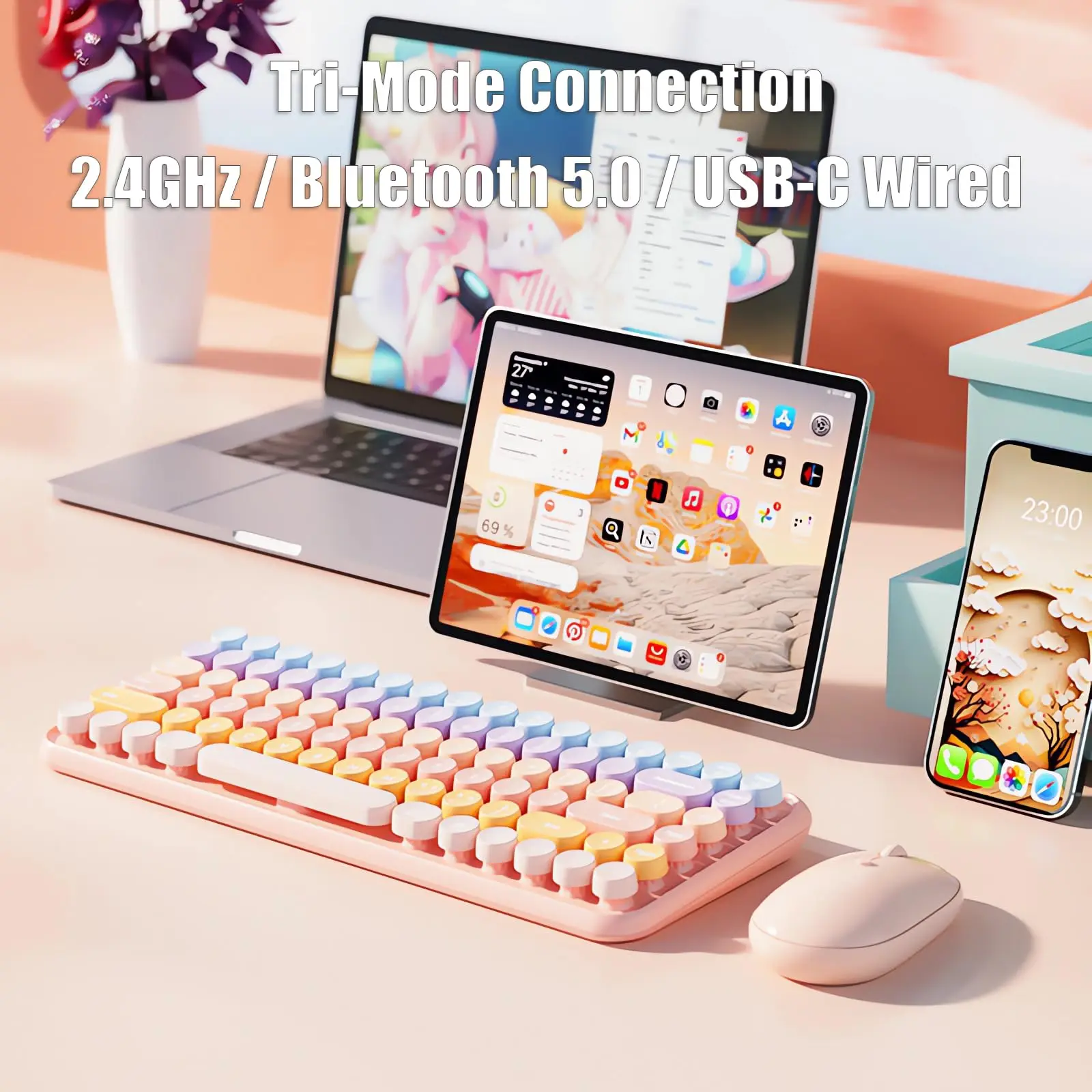 Ergonomic Bluetooth Tri-Modes Wireless Keyboard for PC/Laptop/Tablet, Rechargeable 85 Keys Round Keycap Compact Keyboard