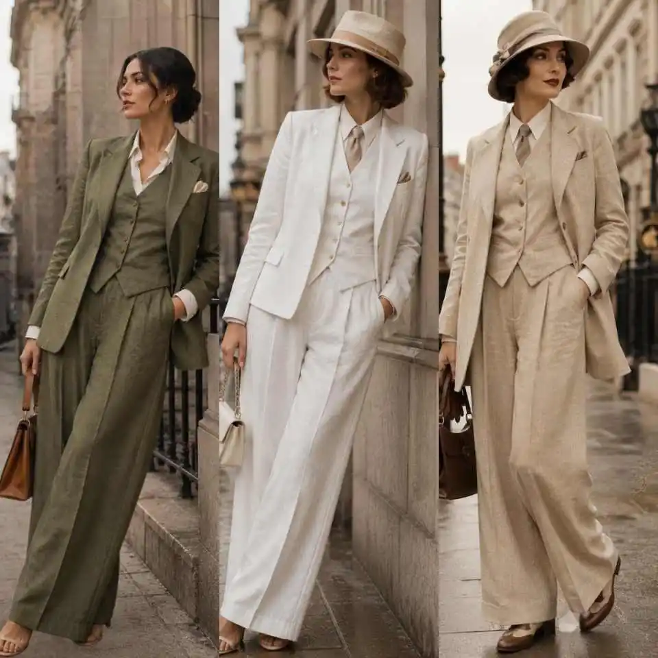Vintage Linen Blend 3 Piece Women's Suit Notched Lapel Wide Leg Trousers Formal Business Office Outfit Custom Made M263877