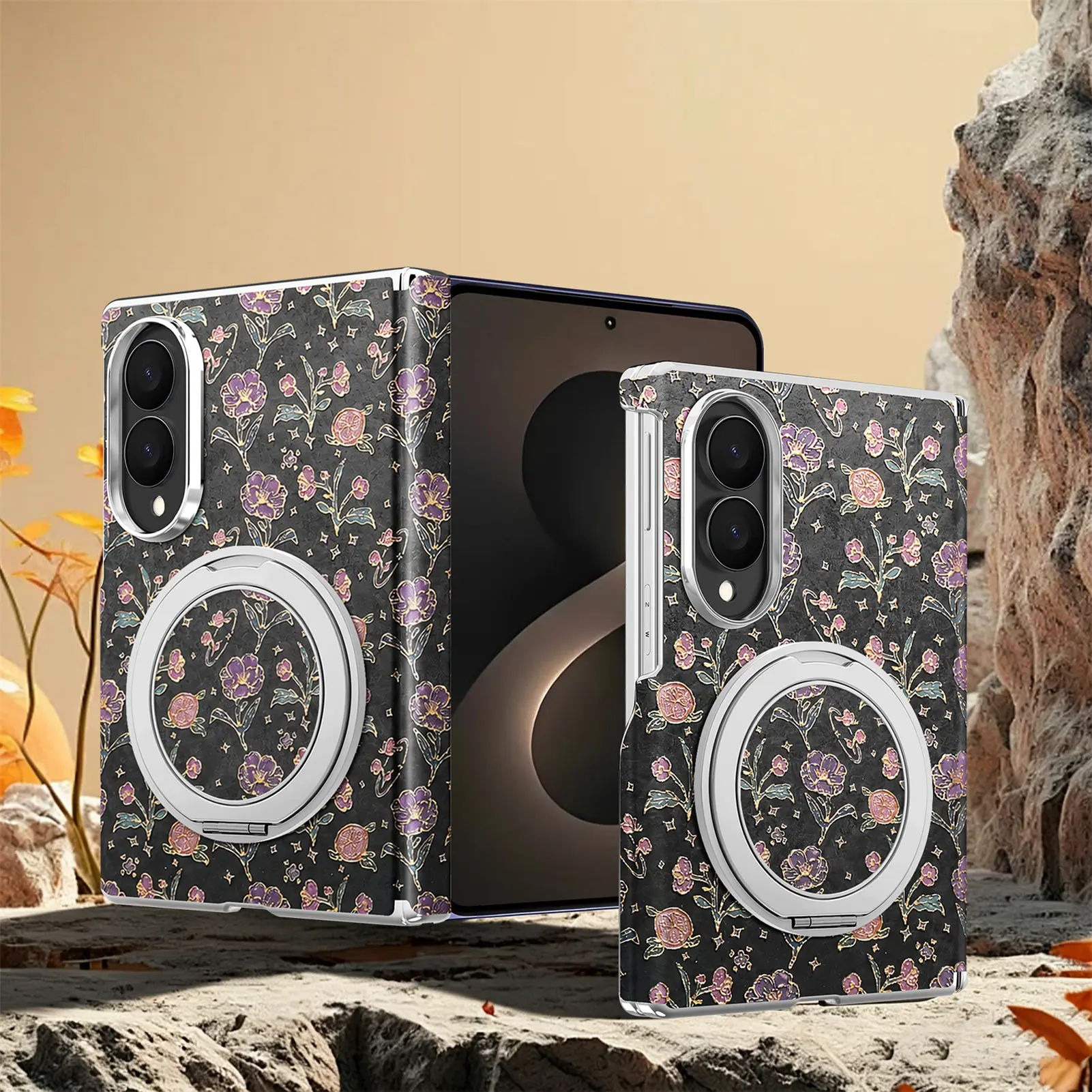 Floral Pattern Magnetic 360° Rotating Ring Kickstand Case For Samsung Galaxy Z Fold 8 Shockproof Hard PC Hingle Protective Cover