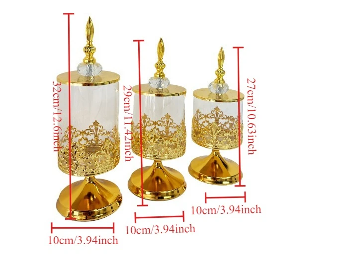 Stylish Gold Glass Candy Container with Hollow Lattice Design with Metal Base and Jar for Food Storage 10cm Width
