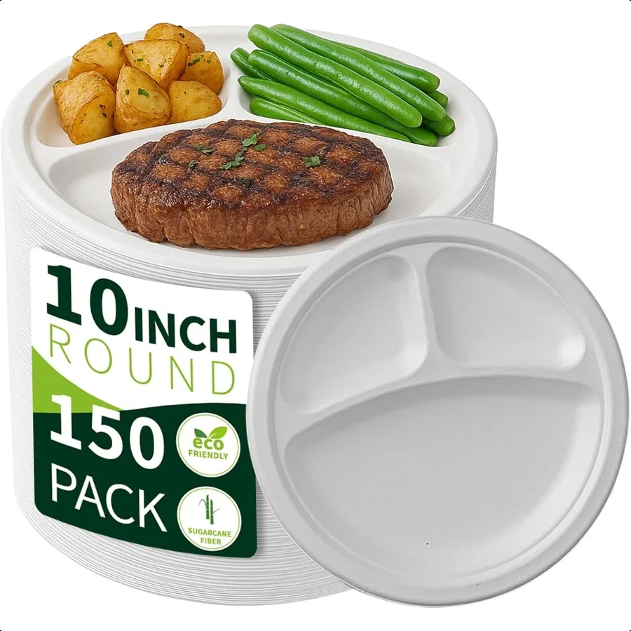 

10 Inch 3 Compartment Paper Plates White 150 Pack Compostable Divided Plates 100 Sugarcane Bagasse Heavy Duty Plates for Party