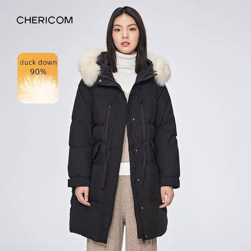 Chericom レディース ブラック ミッドレングス ダウンジャケット ホワイトファー フード付き パファージャケット 暖かい冬用パーカー ルーズフィット パッド入りコート Y278102Y