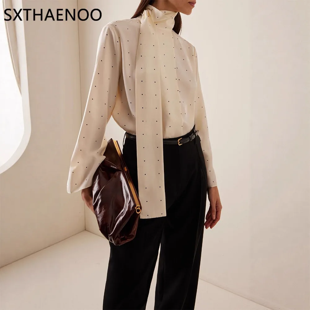 

SXTHAENOO Satin Scarf Neck Polka Dot Printing Women Blouse Fashion Full Sleeve Loose Basic Shirt Lady Autumn New Highstreet